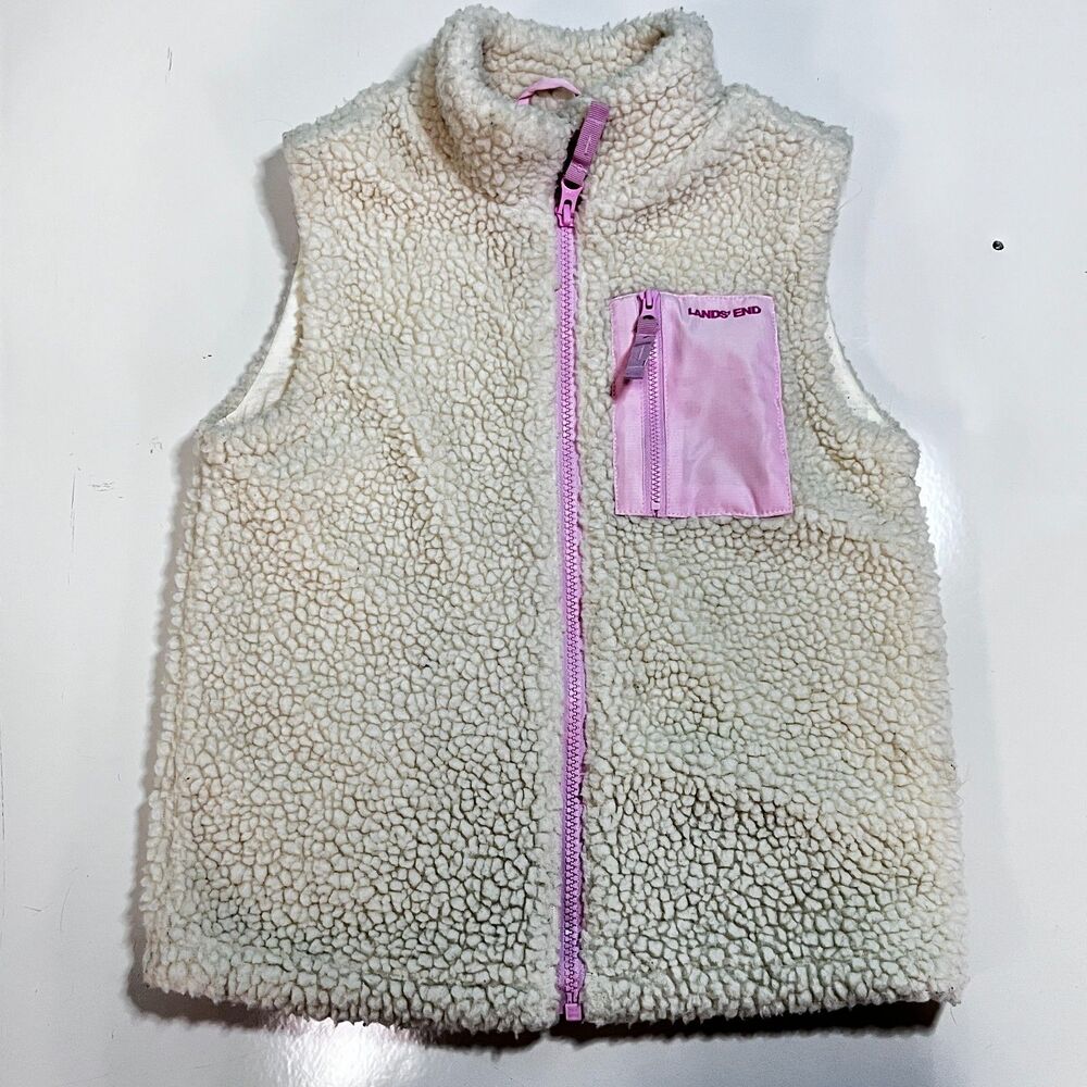 Lands End Kids Sherpa Vest Girls Small 6/7 Ivory Pink Pocket Full Zip Fleece